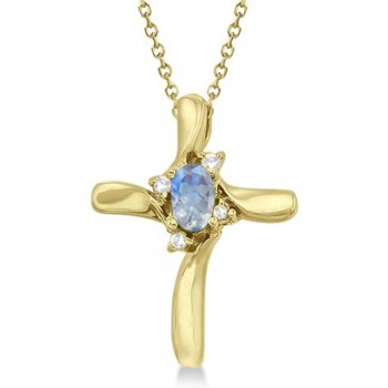 Moonstone and Diamond Cross Pendant Necklace 14K Yellow Gold (0.19ct)