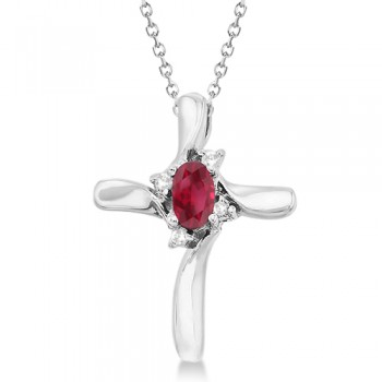 Lab Ruby & Lab Diamond Cross Necklace Pendant 14k White Gold (0.50ct)