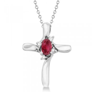 Ruby and Diamond Cross Necklace Pendant 14k White Gold (0.50ct)
