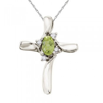 Peridot and Diamond Cross Necklace Pendant 14k White Gold (0.50ct)