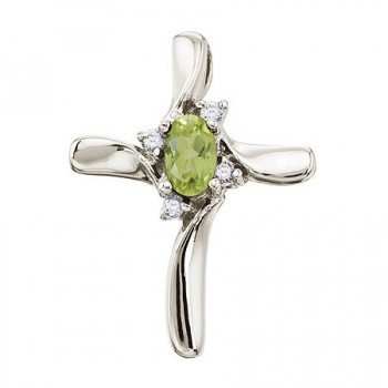 Peridot and Diamond Cross Necklace Pendant 14k White Gold (0.50ct)