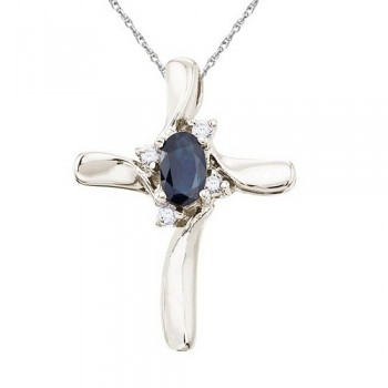 Lab Blue Sapphire & Lab Diamond Cross Necklace Pendant 14k White Gold (0.50ct)