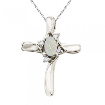 Opal and Diamond Cross Necklace Pendant 14k White Gold (0.50ct)