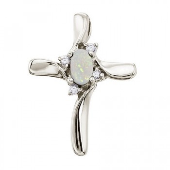 Opal and Diamond Cross Necklace Pendant 14k White Gold (0.50ct)