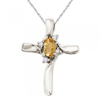 Oval Citrine and Diamond Cross Necklace Pendant 14k White Gold (0.50ct)