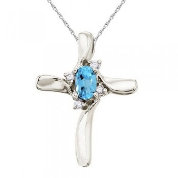 Blue Topaz and Diamond Cross Necklace Pendant 14k White Gold (0.50ct)