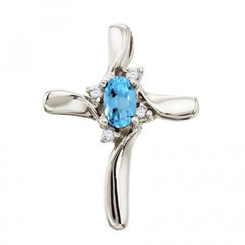 Blue Topaz and Diamond Cross Necklace Pendant 14k White Gold (0.50ct)