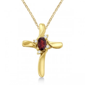 Garnet and Diamond Cross Pendant Necklace 14k Yellow Gold (0.50ct)
