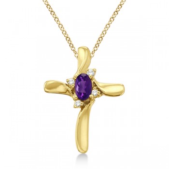 Amethyst and Diamond Cross Necklace Pendant 14k Yellow Gold (0.50ct)