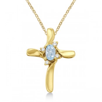 Aquamarine and Diamond Cross Necklace Pendant 14k Yellow Gold (0.50ct)
