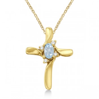 Aquamarine & Diamond Cross Necklace Pendant 14k Yellow Gold (0.50ct)