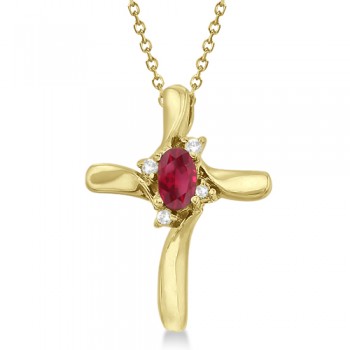 Lab Ruby & Lab Diamond Cross Pendant Necklace 14k Yellow Gold (0.50ct)