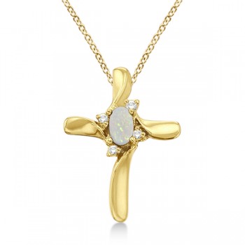 Opal and Diamond Cross Necklace Pendant 14k Yellow Gold (0.50ct)