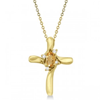 Oval Citrine and Diamond Cross Necklace Pendant in 14k Yellow Gold (0.50ct)