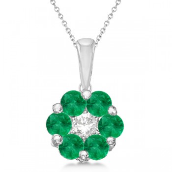 Flower Diamond & Emerald Pendant Necklace 14k White Gold (0.92ct)