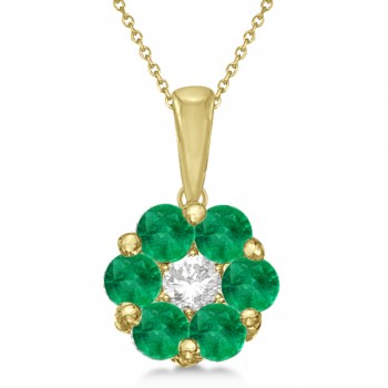 Flower Diamond & Emerald Pendant Necklace 14k Yellow Gold (0.92ct)