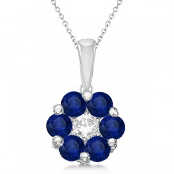 Flower Diamond & Blue Sapphire Pendant Necklace 14k White Gold (1.40ct)