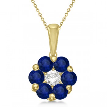 Flower Diamond & Blue Sapphire Pendant Necklace 14k Yellow Gold (1.40ct)