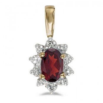 Oval Garnet & Diamond Flower Shaped Pendant Necklace 14k Yellow Gold