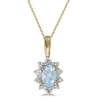Aquamarine & Diamond Flower Shaped Pendant Necklace 14k Yellow Gold
