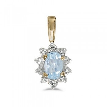 Aquamarine & Diamond Flower Shaped Pendant Necklace 14k Yellow Gold