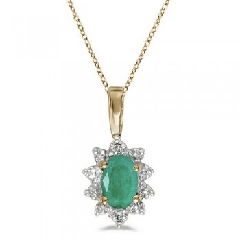 Oval Emerald & Diamond Flower Shaped Pendant Necklace 14k Yellow Gold