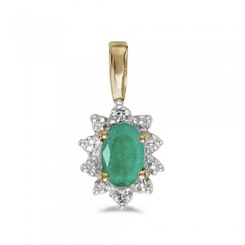 Oval Emerald & Diamond Flower Shaped Pendant Necklace 14k Yellow Gold