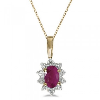 Oval Ruby & Diamond Flower Shaped Pendant Necklace 14k Yellow Gold