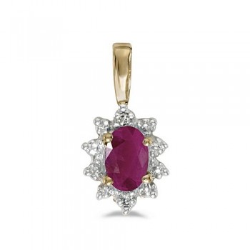 Oval Ruby & Diamond Flower Shaped Pendant Necklace 14k Yellow Gold