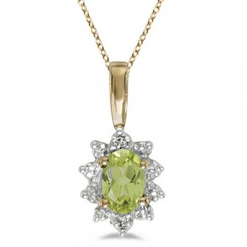 Oval Peridot & Diamond Flower Shaped Pendant Necklace 14k Yellow Gold