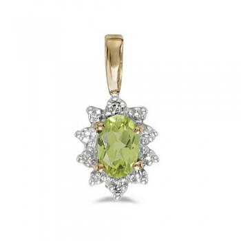 Oval Peridot & Diamond Flower Shaped Pendant Necklace 14k Yellow Gold