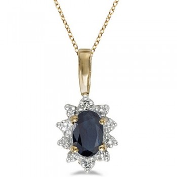 Blue Sapphire & Diamond Flower Shaped Pendant Necklace 14k Yellow Gold