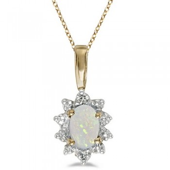 Oval Opal & Diamond Flower Shaped Pendant Necklace 14k Yellow Gold