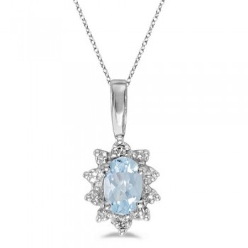 Aquamarine & Diamond Flower Shaped Pendant Necklace 14k White Gold