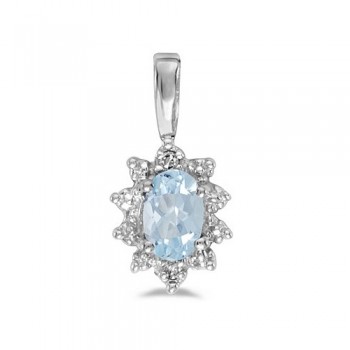 Aquamarine & Diamond Flower Shaped Pendant Necklace 14k White Gold
