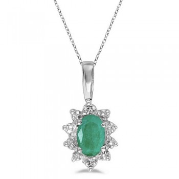 Oval Emerald & Diamond Flower Shaped Pendant Necklace 14k White Gold
