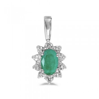 Oval Emerald & Diamond Flower Shaped Pendant Necklace 14k White Gold