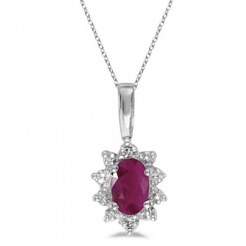 Oval Ruby & Diamond Flower Shaped Pendant Necklace 14k White Gold