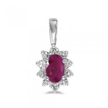 Oval Ruby & Diamond Flower Shaped Pendant Necklace 14k White Gold