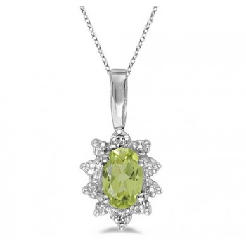 Oval Peridot & Diamond Flower Shaped Pendant Necklace 14k White Gold
