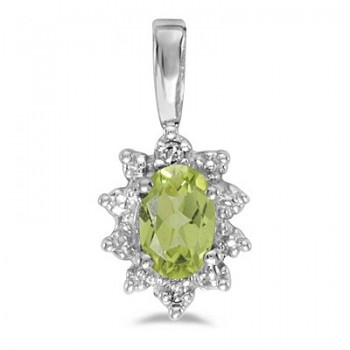 Oval Peridot & Diamond Flower Shaped Pendant Necklace 14k White Gold