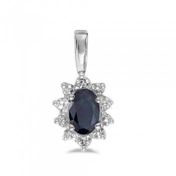 Blue Sapphire & Diamond Flower Shaped Pendant Necklace 14k White Gold