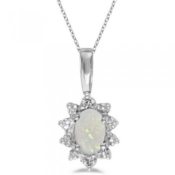 Oval Opal & Diamond Flower Shaped Pendant Necklace 14k White Gold