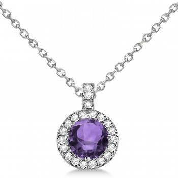 Amethyst & Diamond Halo Pendant Necklace 14k White Gold (1.83ct)