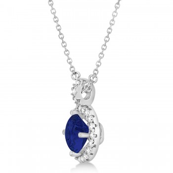 Blue Sapphire & Diamond Halo Pendant Necklace 14k White Gold (2.33ct)