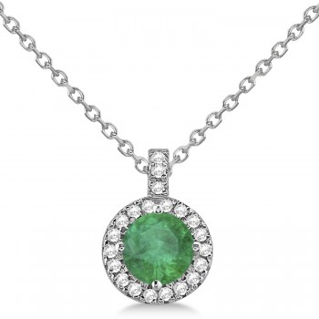 Emerald & Diamond Halo Pendant Necklace 14k White Gold (2.18ct)