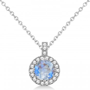 Moonstone & Diamond Halo Pendant Necklace 14k White Gold (2.25ct)