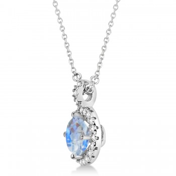 Moonstone & Diamond Halo Pendant Necklace 14k White Gold (2.25ct)