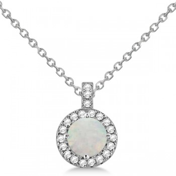 Opal & Diamond Halo Pendant Necklace 14k White Gold (1.35ct)