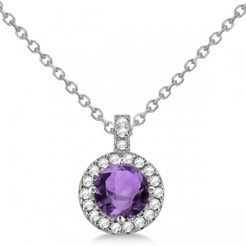 Amethyst & Diamond Halo Pendant Necklace 14k White Gold (0.77ct)